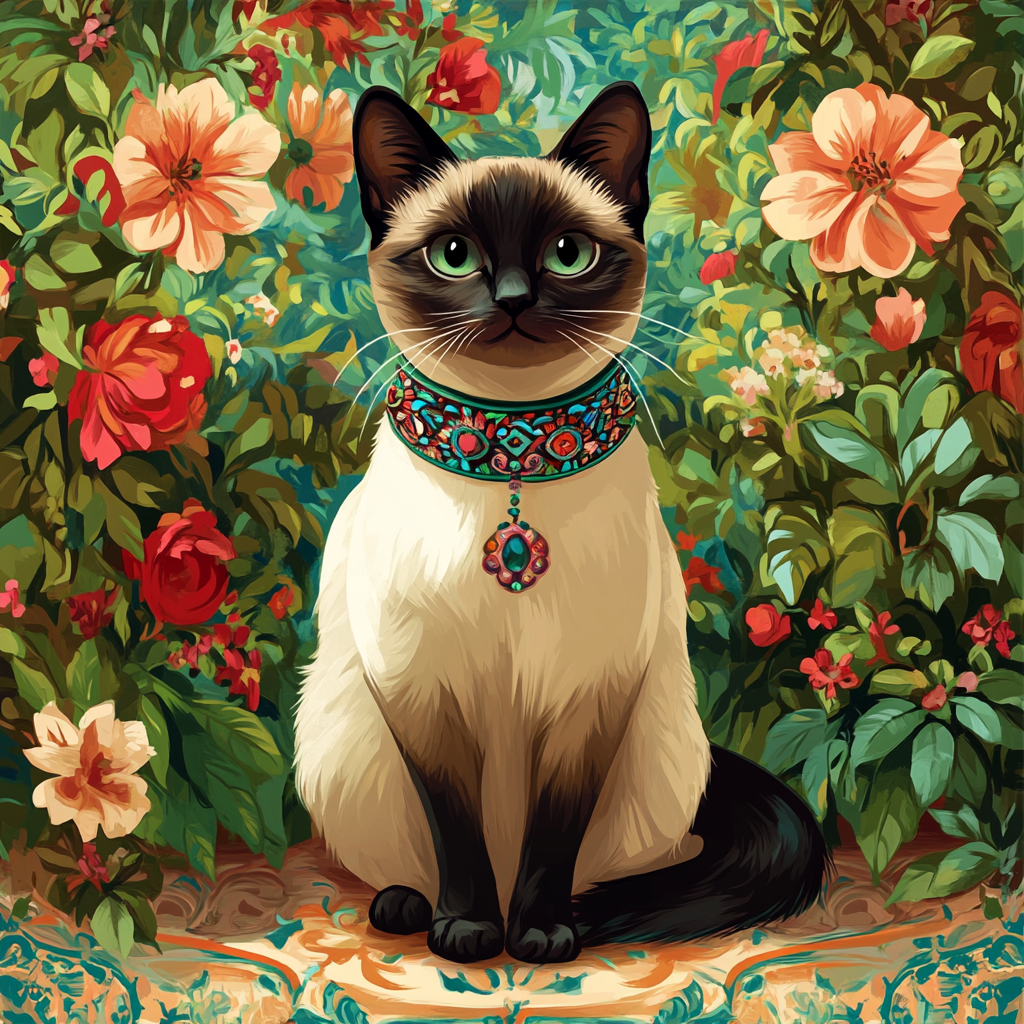 Siamese cat in Moroccan collar at garden retreat.