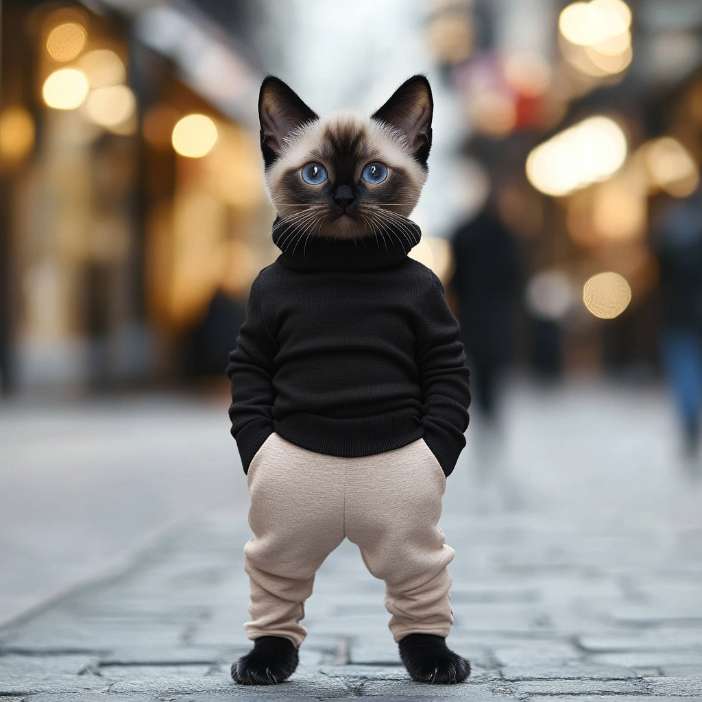 Siamese kitten in chic outfit on city street.