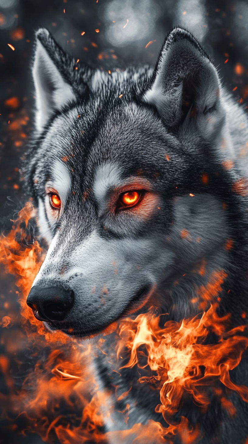 Siberian Husky with fire powers, silver white fur, fiery eyes.