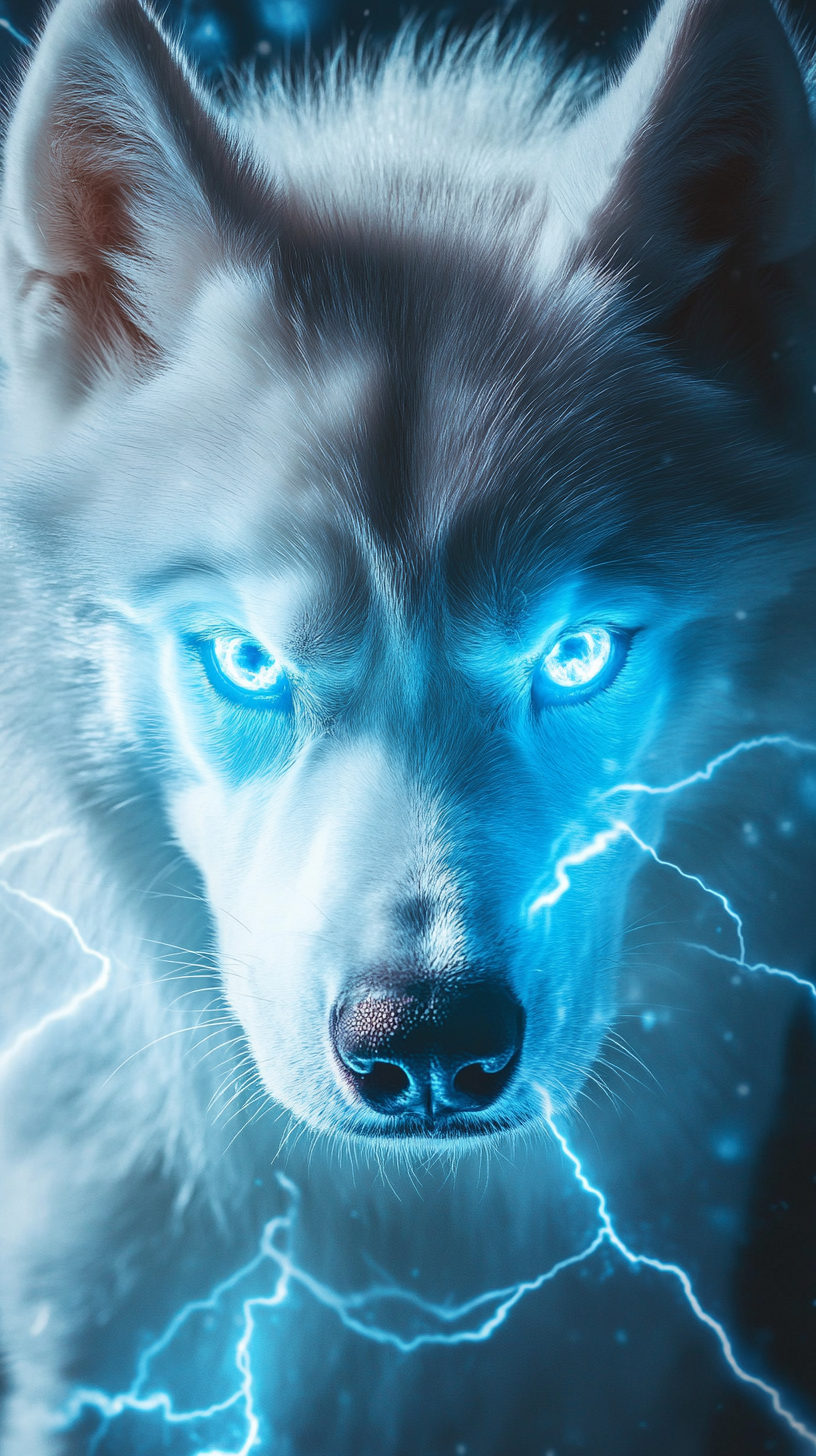 Siberian Husky with lightning powers, silver-white fur, blue eyes.