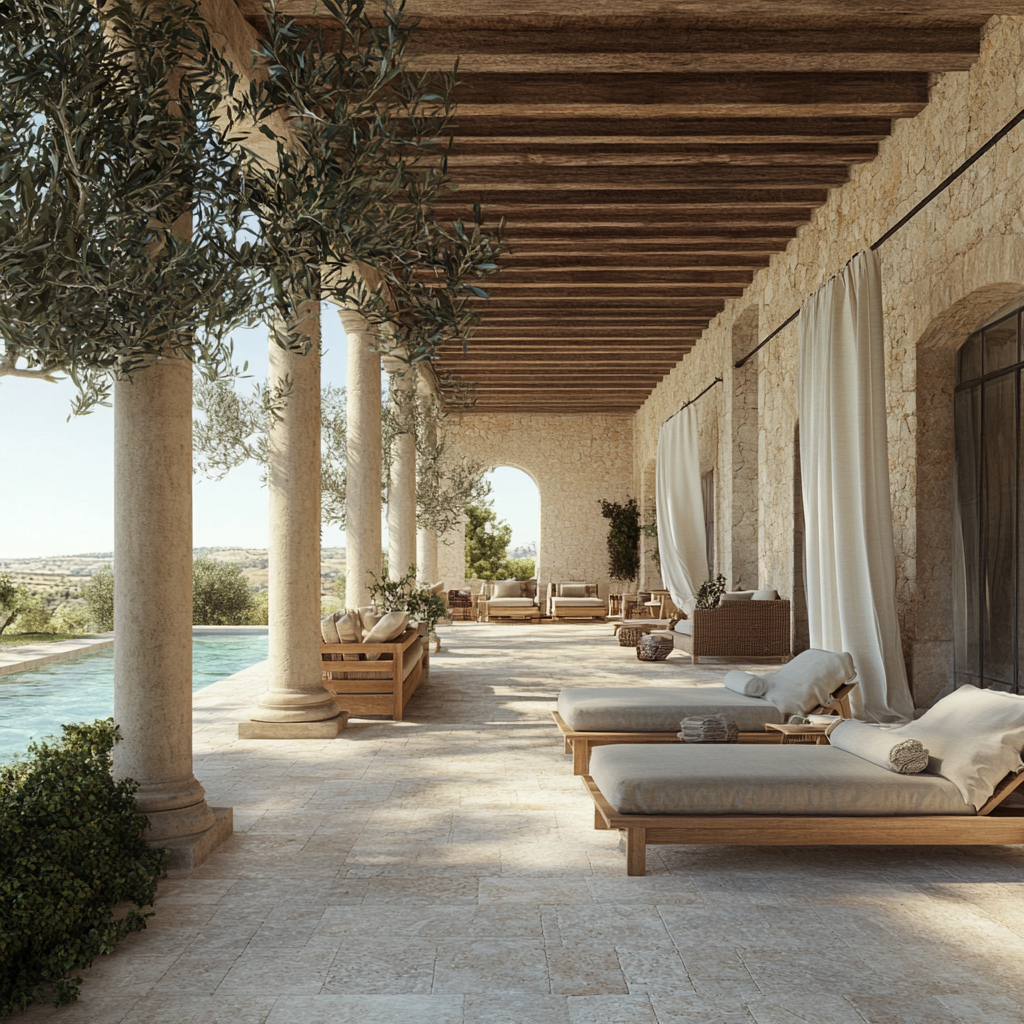 Sicilian masseria patio with swimming pool, olive trees, porch.