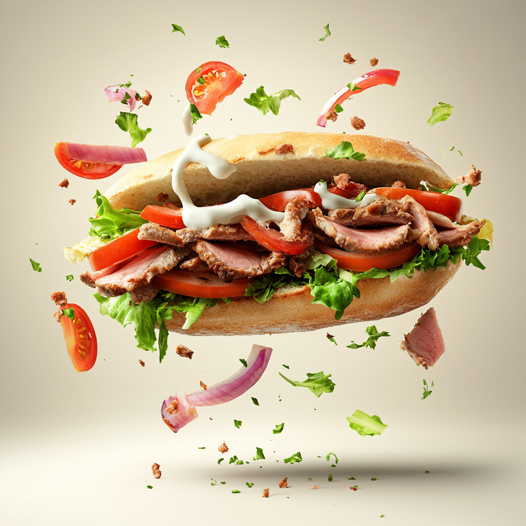 Side view doner kebab sandwich with flying ingredients art.