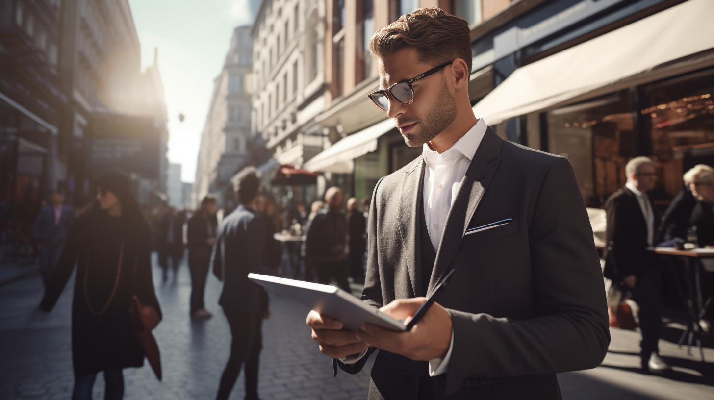 Suited man walking on busy street holding a digital tablet