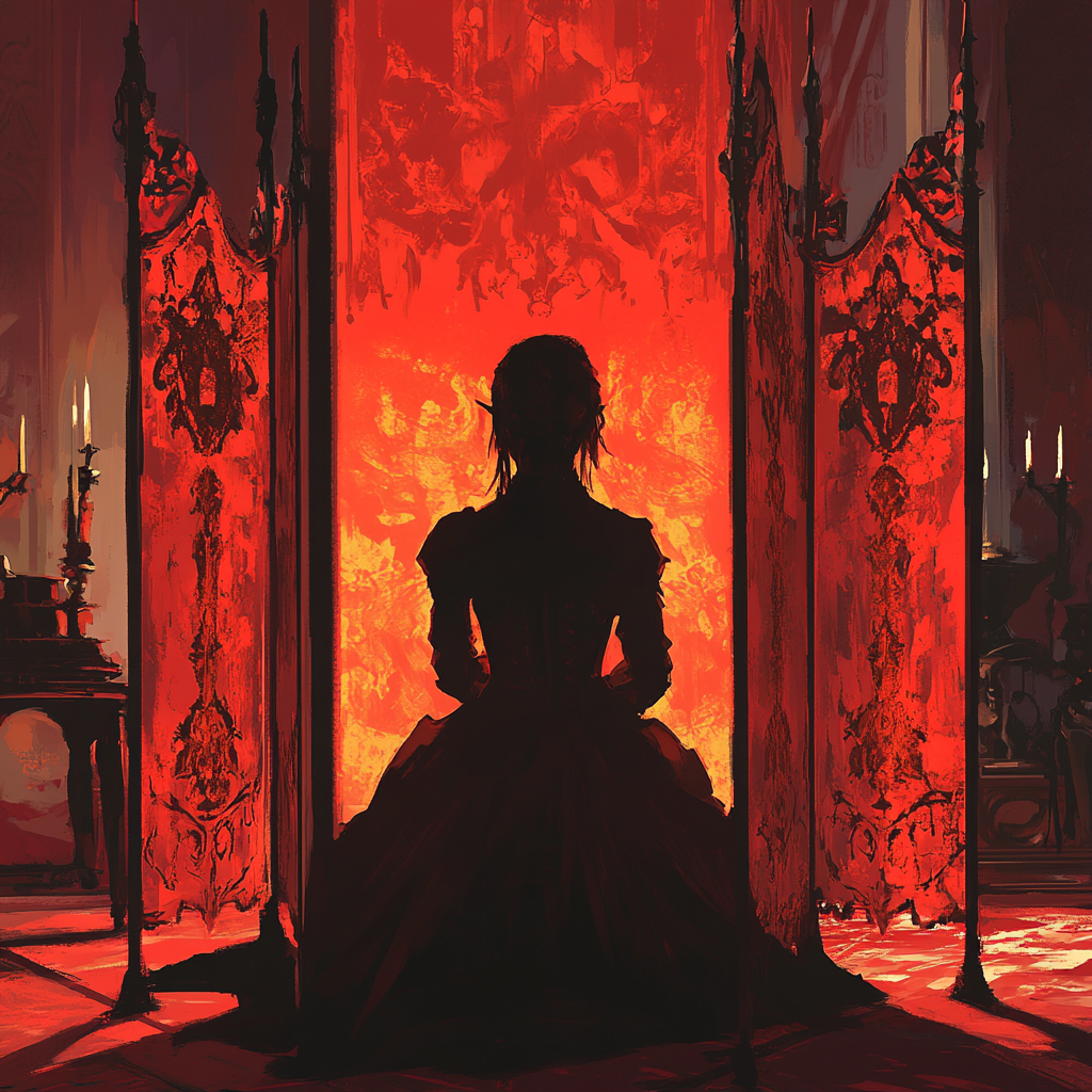 Silhouette of a fancy lady in a dungeon.