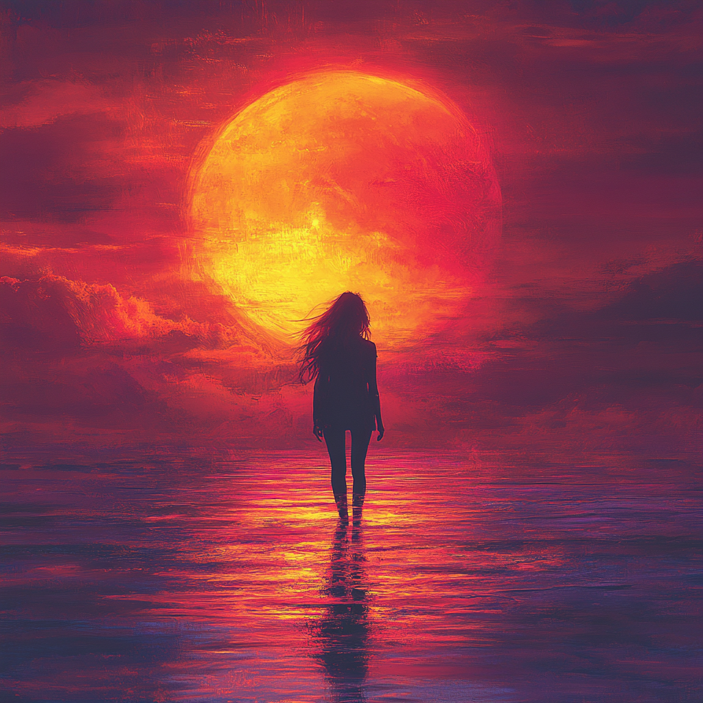 Silhouette of girl against vibrant sunset, shadowed body blended.