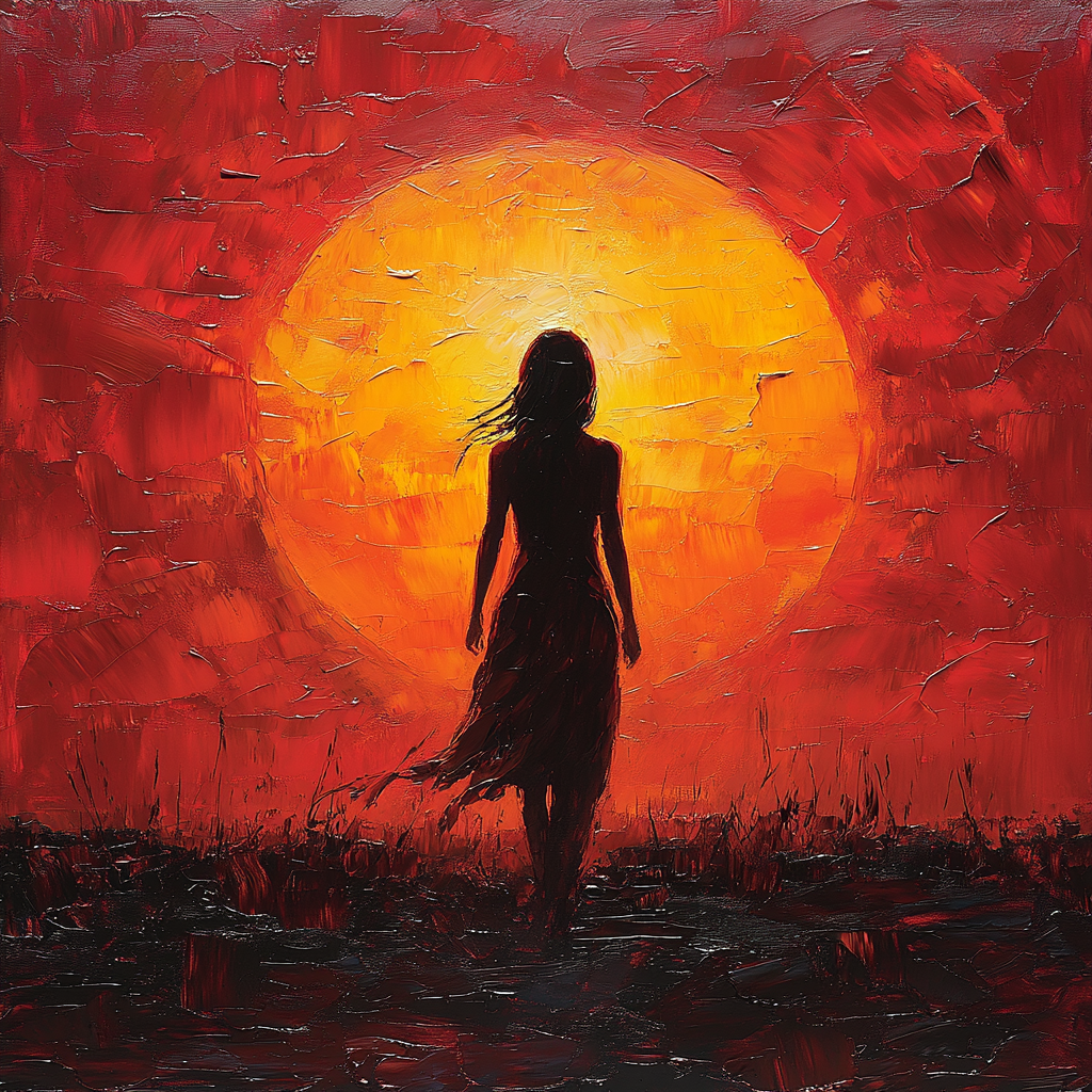 Silhouette of girl against vibrant sunset with thick brushstrokes.