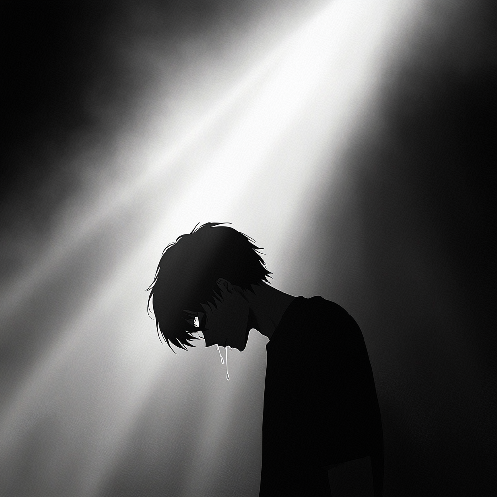 Silhouette of man in spotlight, tears streaming down eyes.