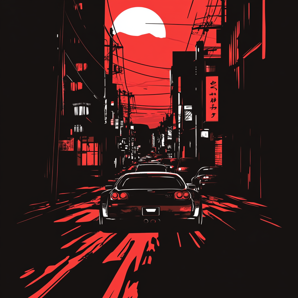 Silhouette of racing cars in Japan city street