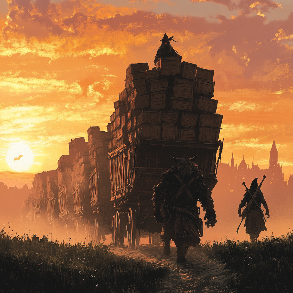 Silhouette of seven wagons, ogre with gnome, sunset.