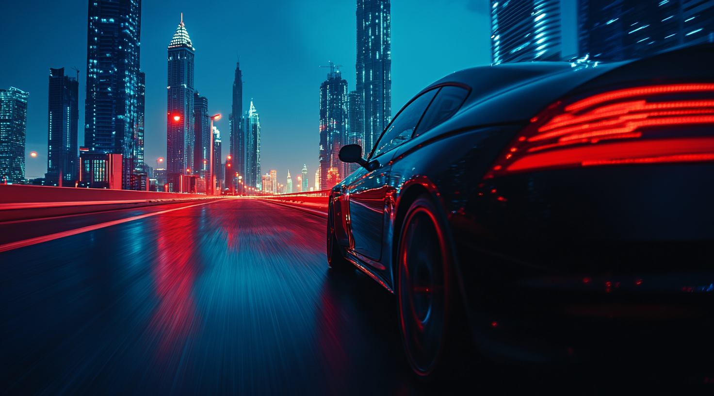 Silhouette of urban car on Sheikh Zayed Road Dubai.