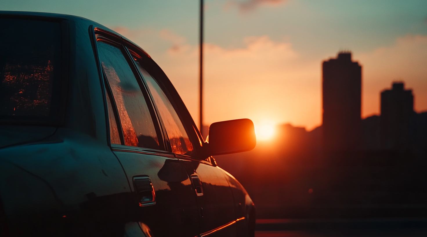 Silhouette of urban facade with car, human eye level.