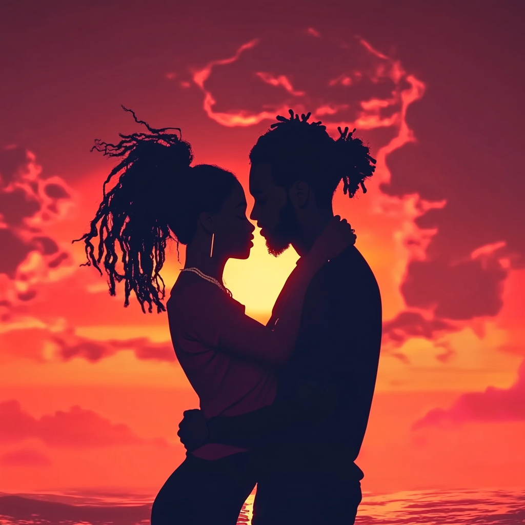 Silhouetted Couple Kissing on Beautiful Sunset Beach.