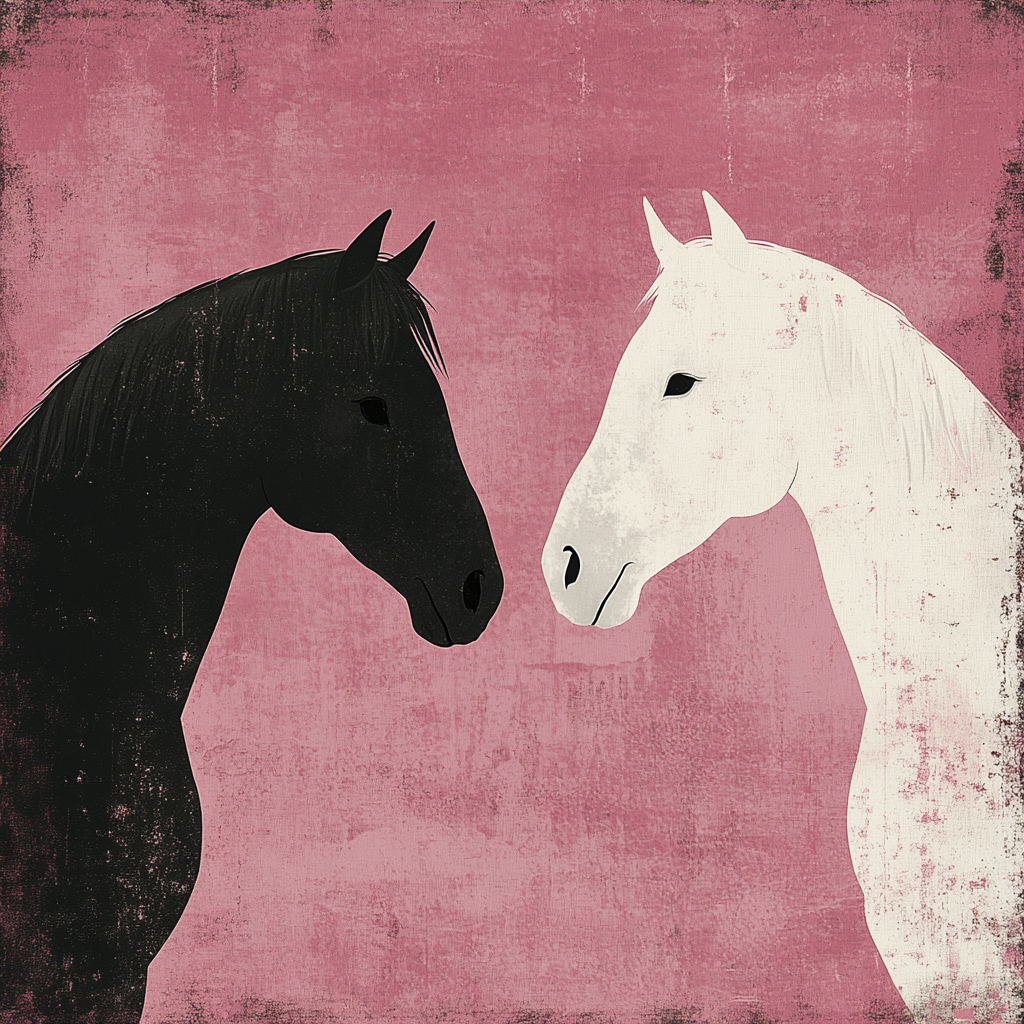 Silhouetted black and white horses on pink background poster.