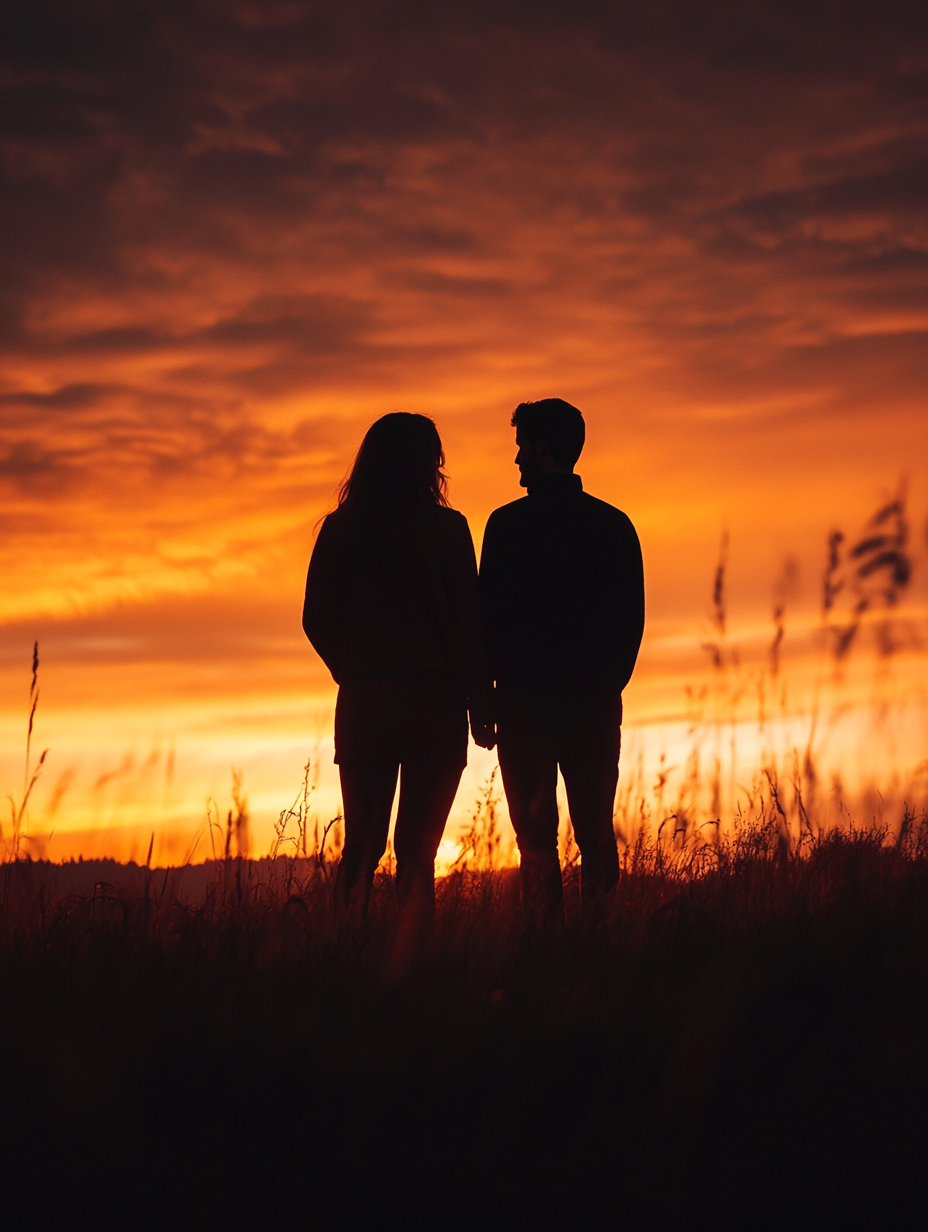 Silhouetted couple at sunset, facing away from camera.