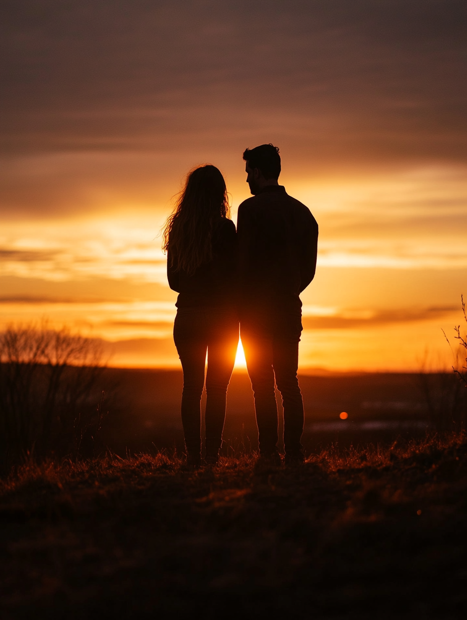 Silhouetted couple facing sunset, realistic portrait shot with Nikon.