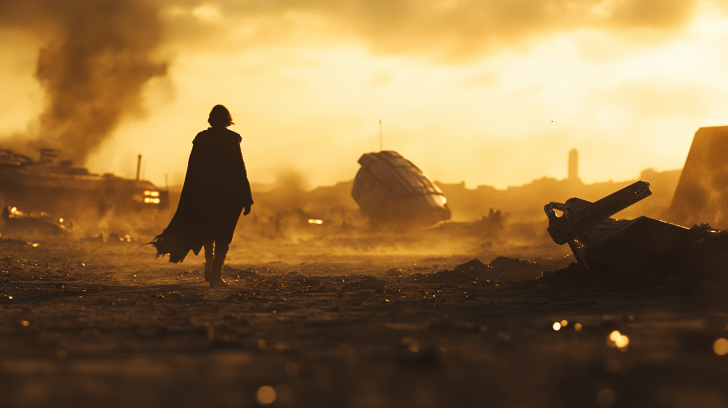 Silhouetted young jedi walks away from blurred droid wreckage.