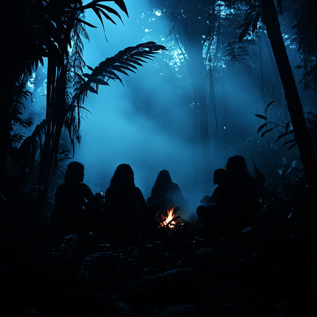 Silhouettes of people around fire in Amazon forest