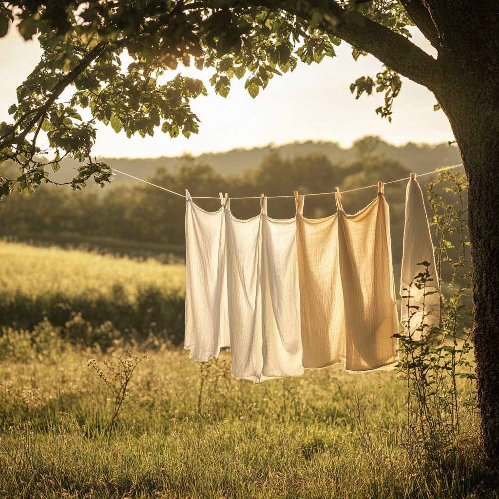 Silk sheets drying on line in sunny meadow