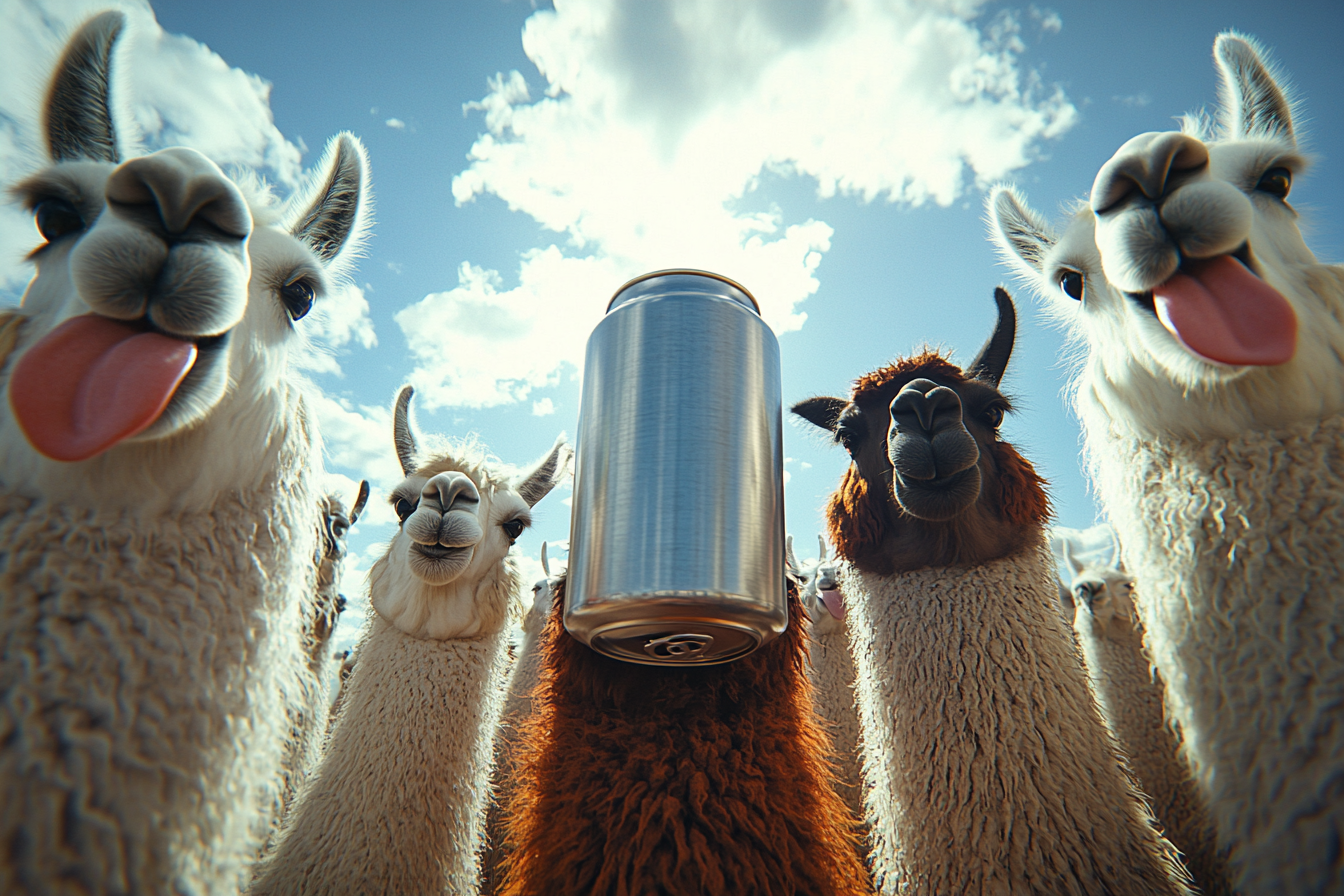 Silly llamas gather around giant beer can.