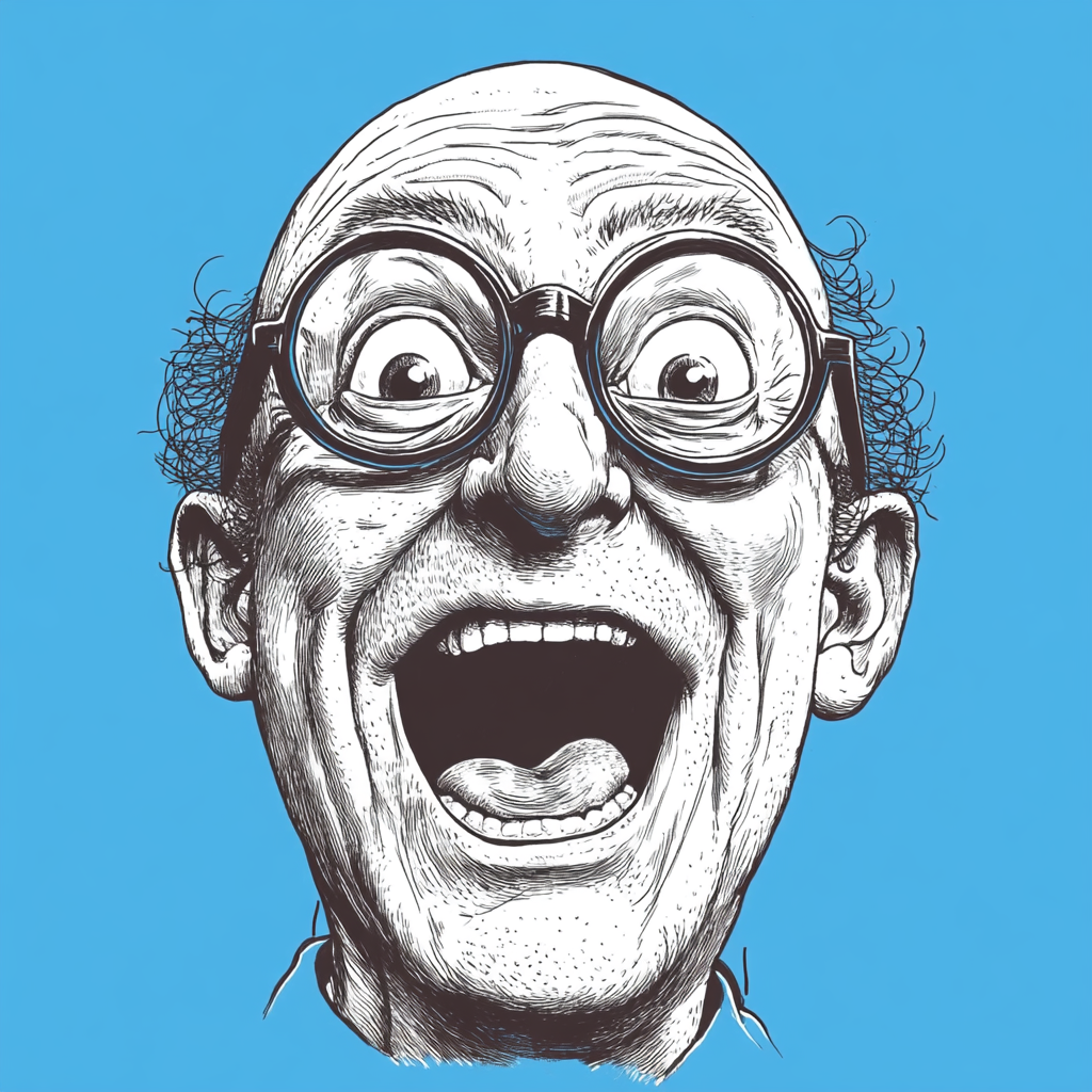 Silly man with glasses, laughing loudly, classic comic style.