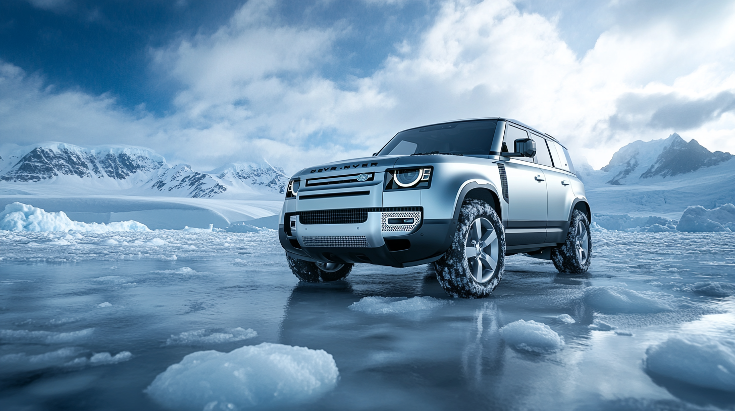 Silver Land Rover Defender on Antarctic icefield, angled shot.