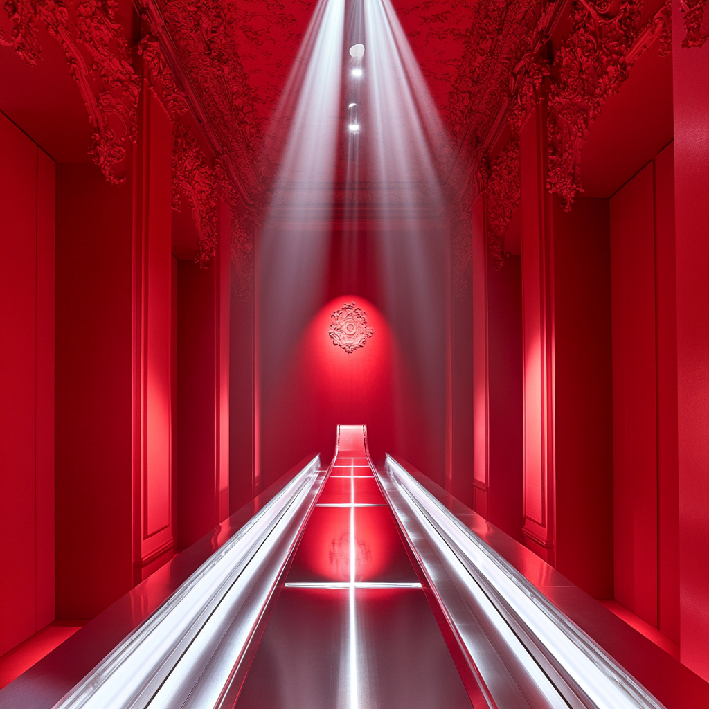 Silver conveyor belt in luxurious red room with spotlights