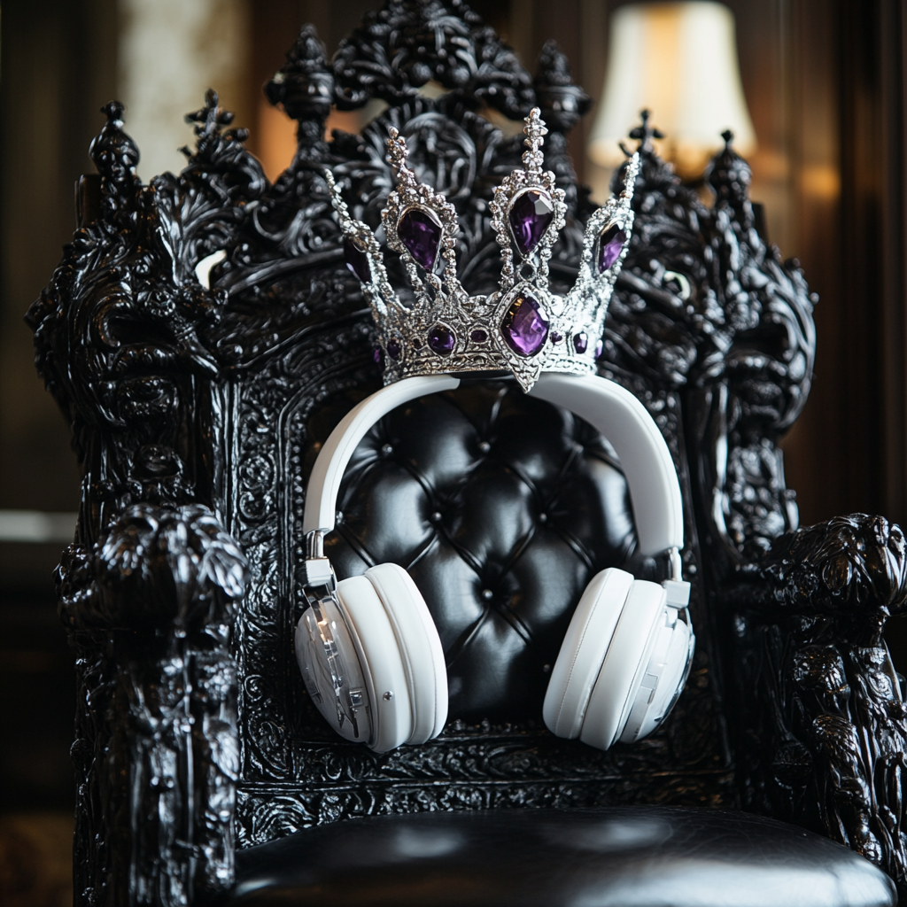 Silver crown with crystals, white headphones on throne.