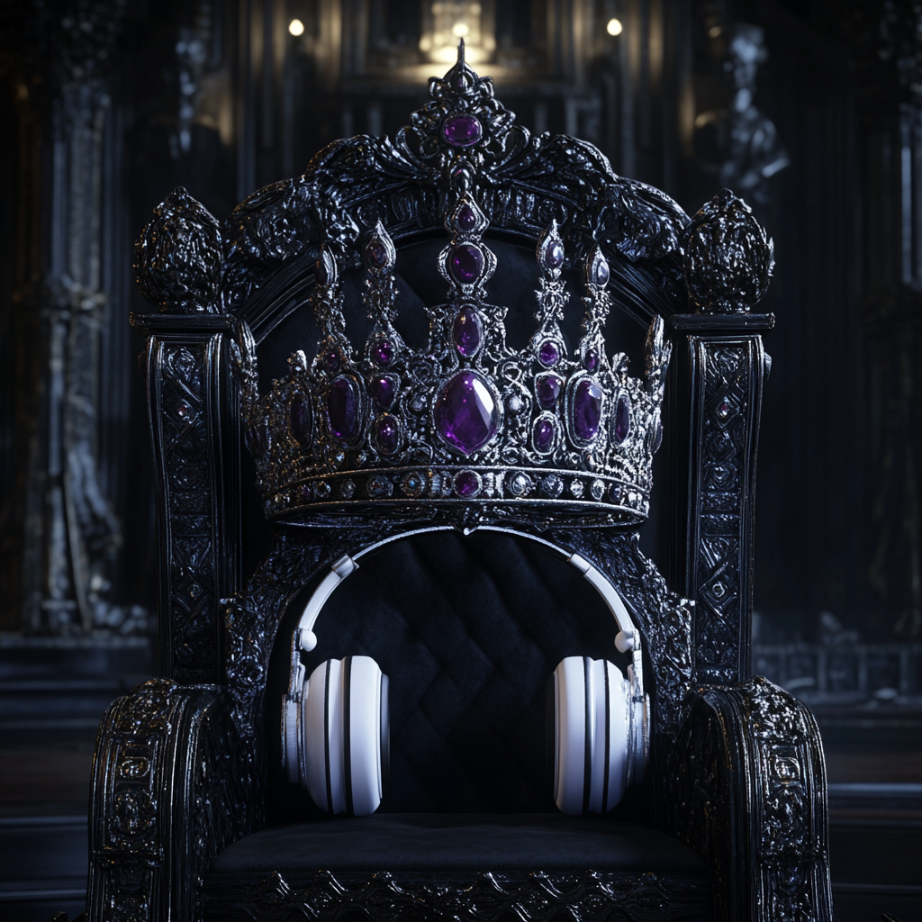 Silver crown with crystals on black and white throne.