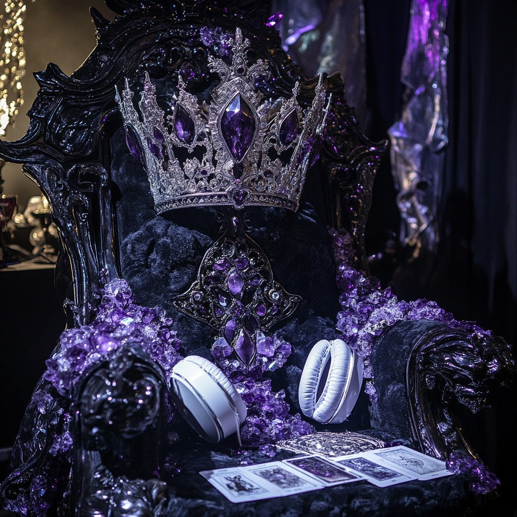 Silver crown with crystals on black throne chair.