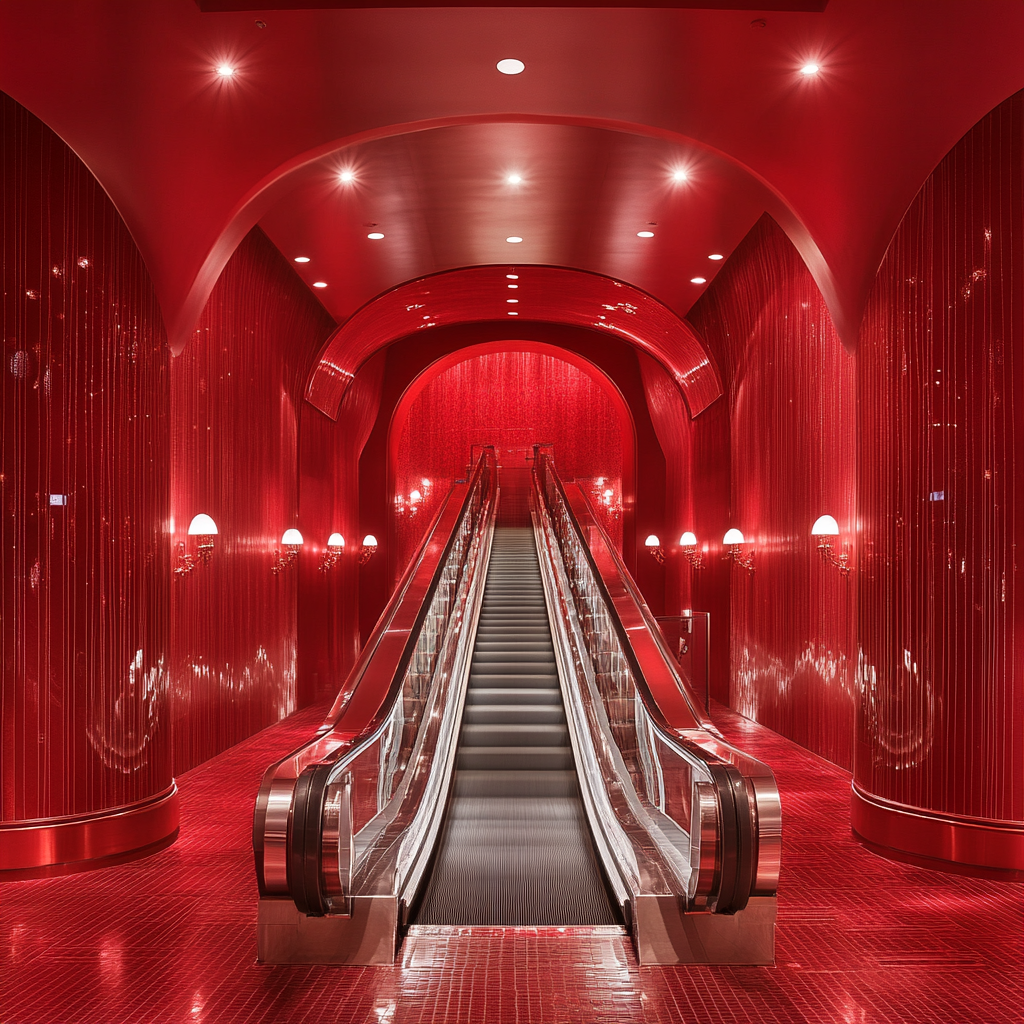 Silver escalator with conveyor belt in luxurious red room