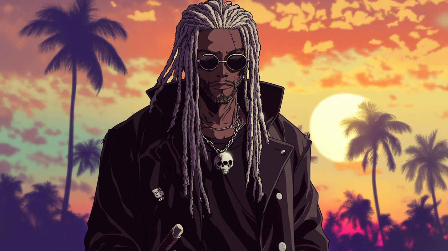 Silver-haired Jamaican hero in anime style, 1980s vibes.