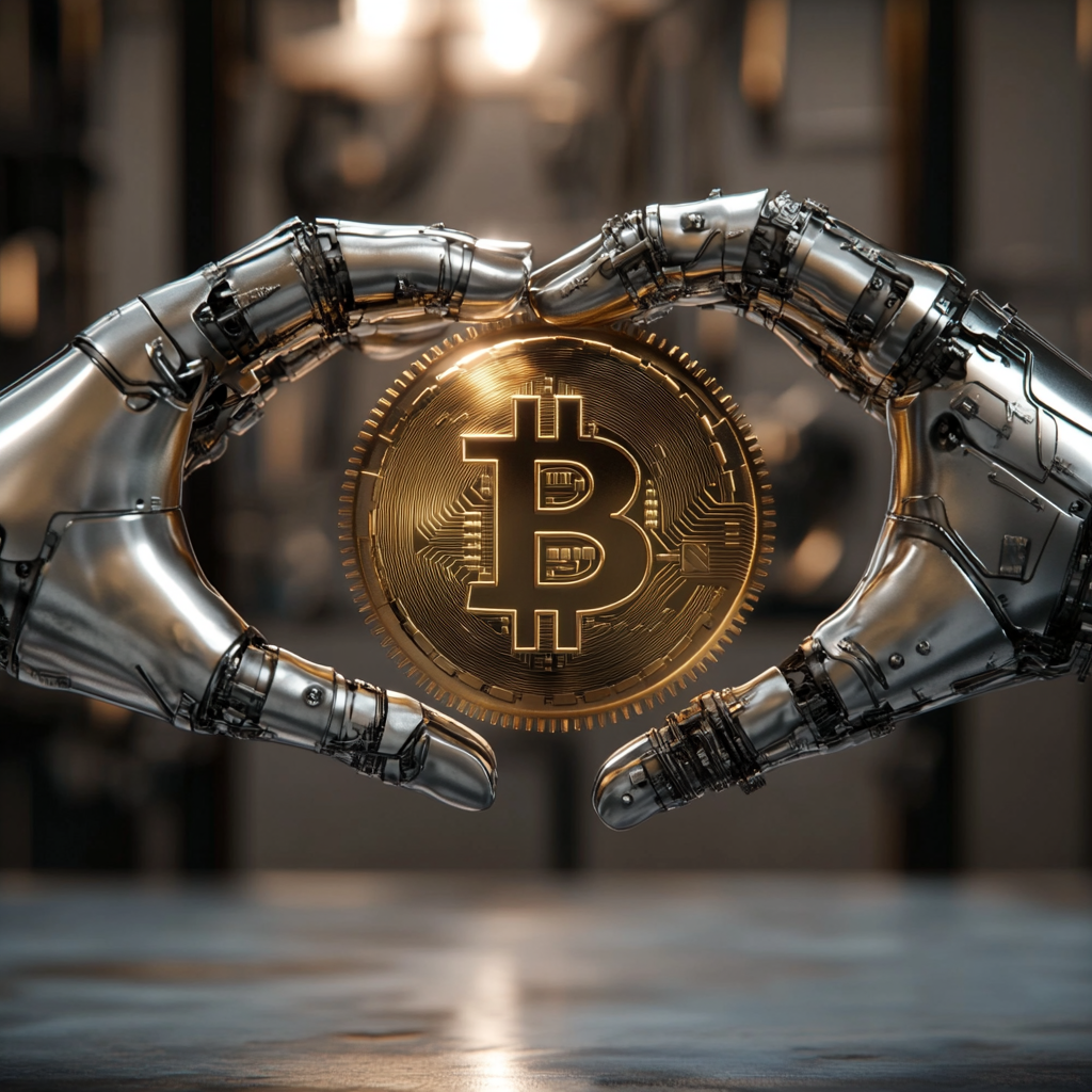 Silver hands hold golden Bitcoin logo, gear symbolizes control.