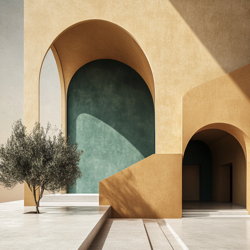 Simone Bossi-inspired architectural design with warm ochre tones.