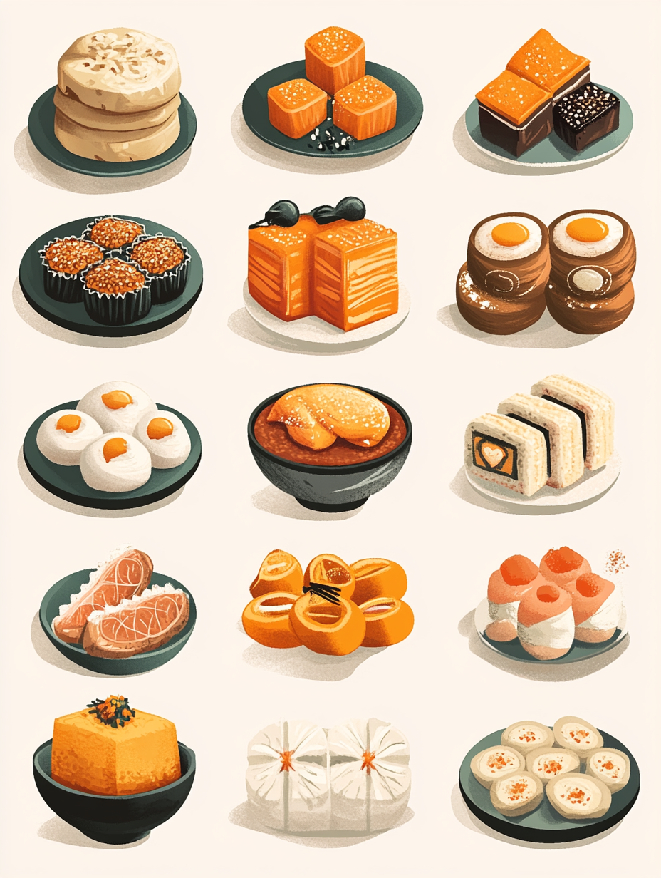 Simple, colorful illustrations of traditional Diwali foods and sweets.