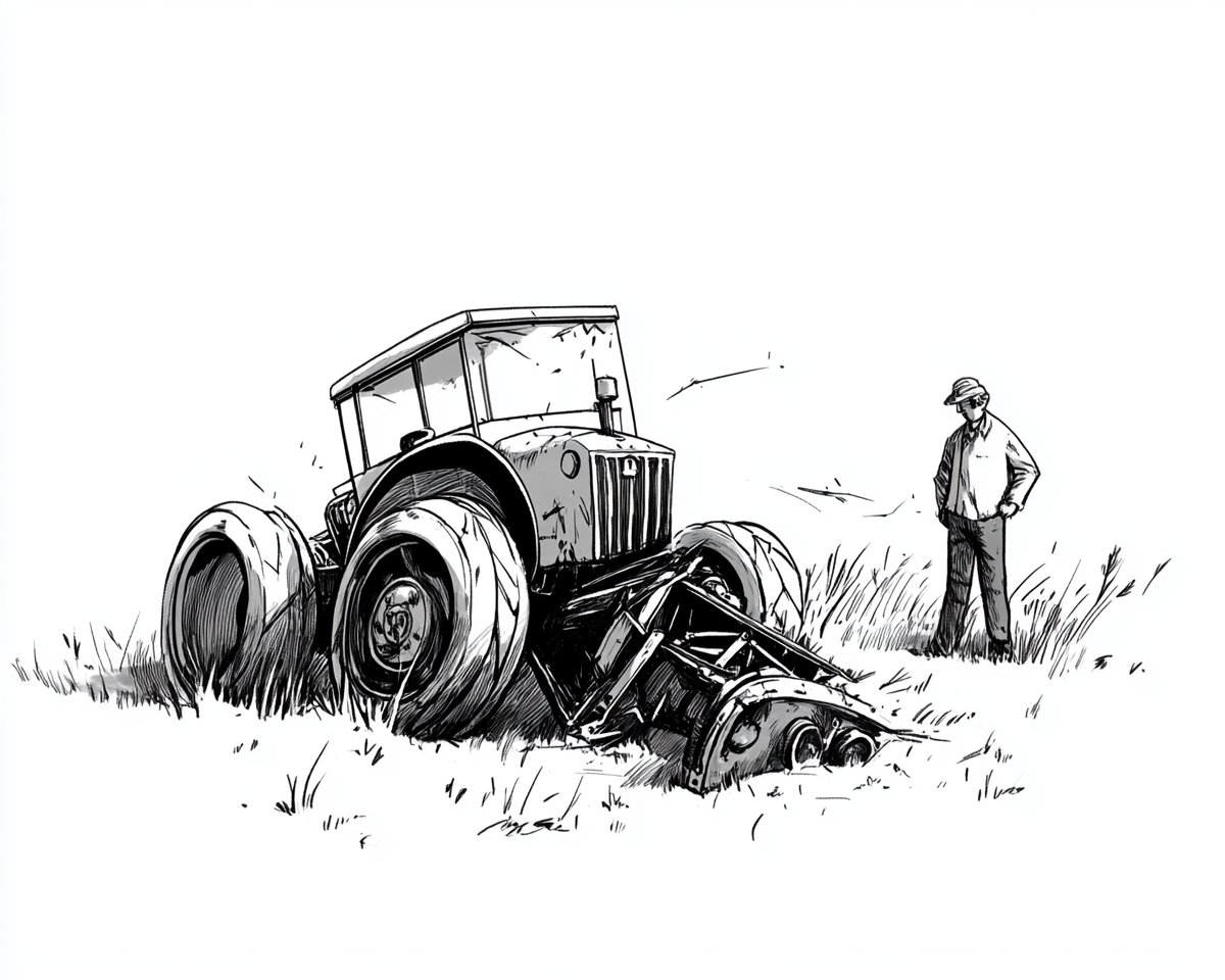 Simple Black and White Child's Drawing of Overturned Tractor