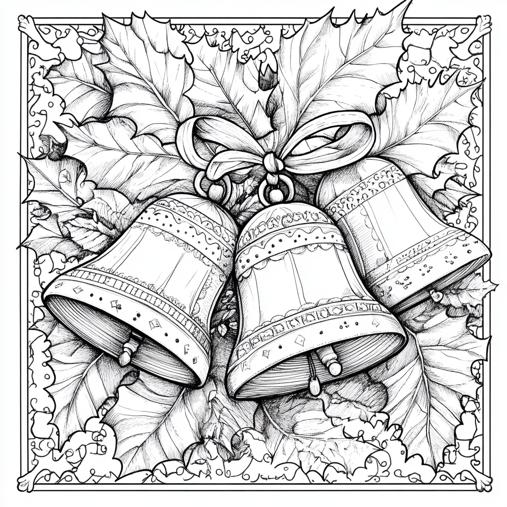 Simple Christmas bells coloring book with holly leaves