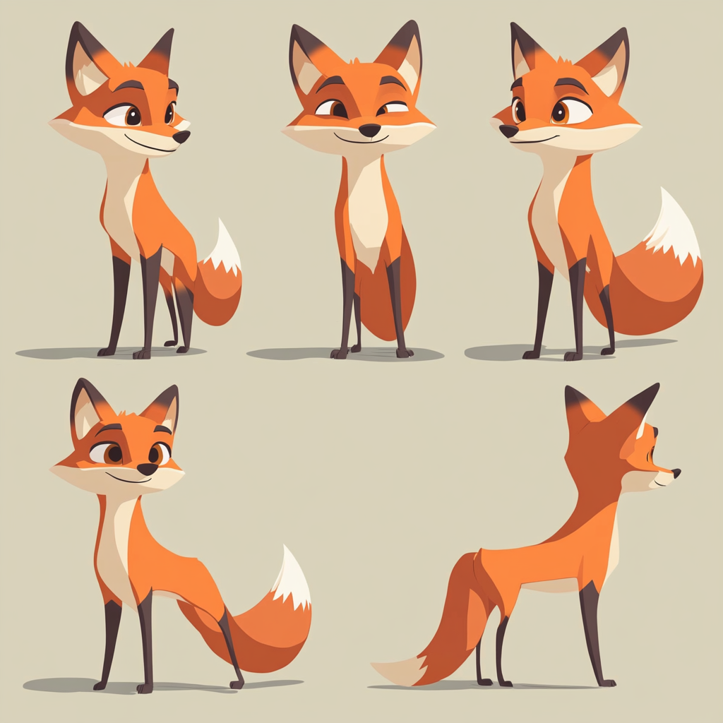 Simple Disney-style cartoon fox character in multiple angles.