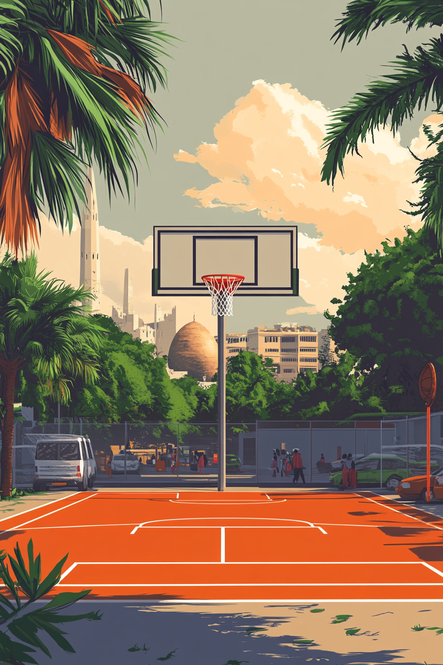 Simple basketball court with Nigerian city life background.