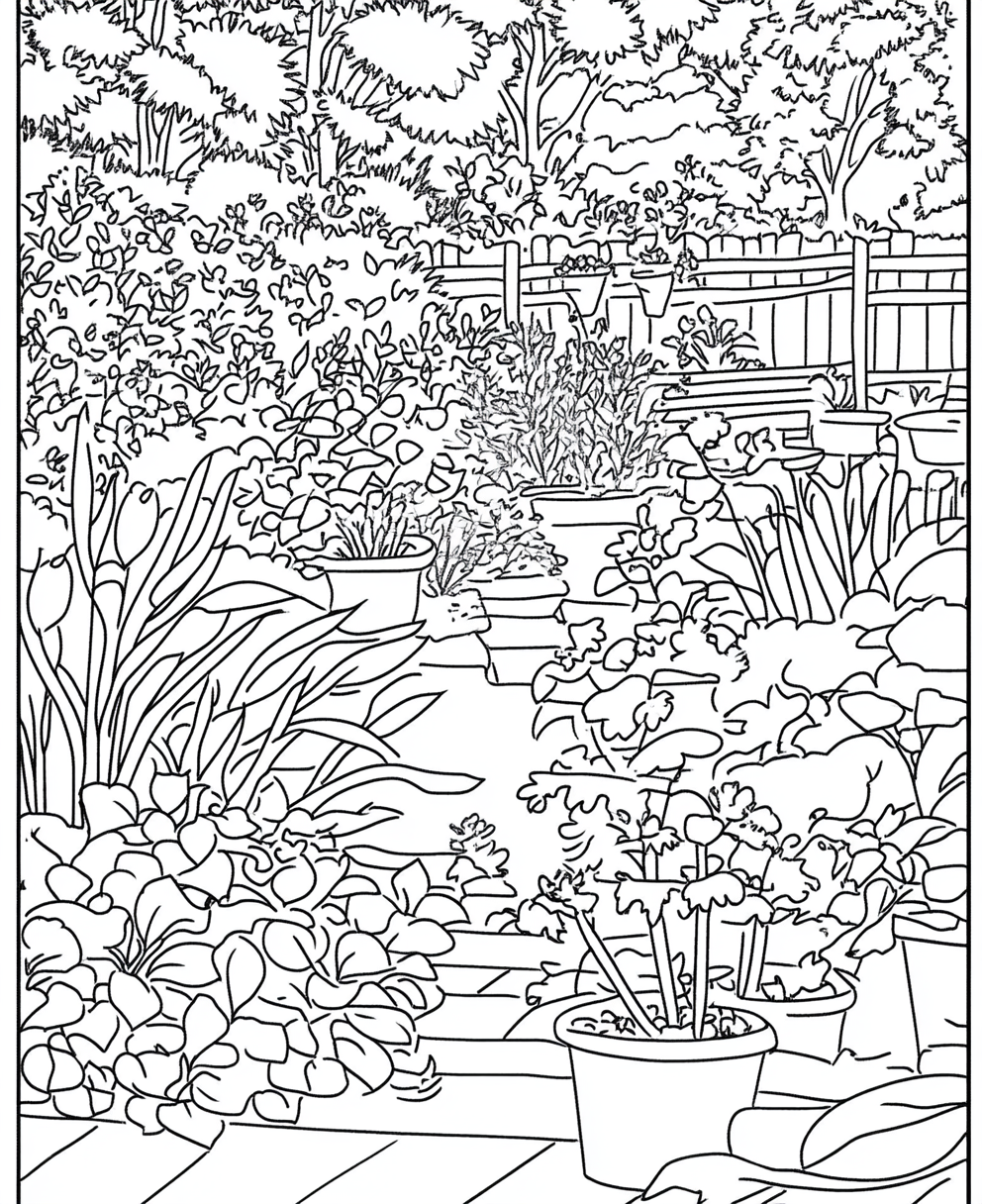 Simple black and white garden coloring page