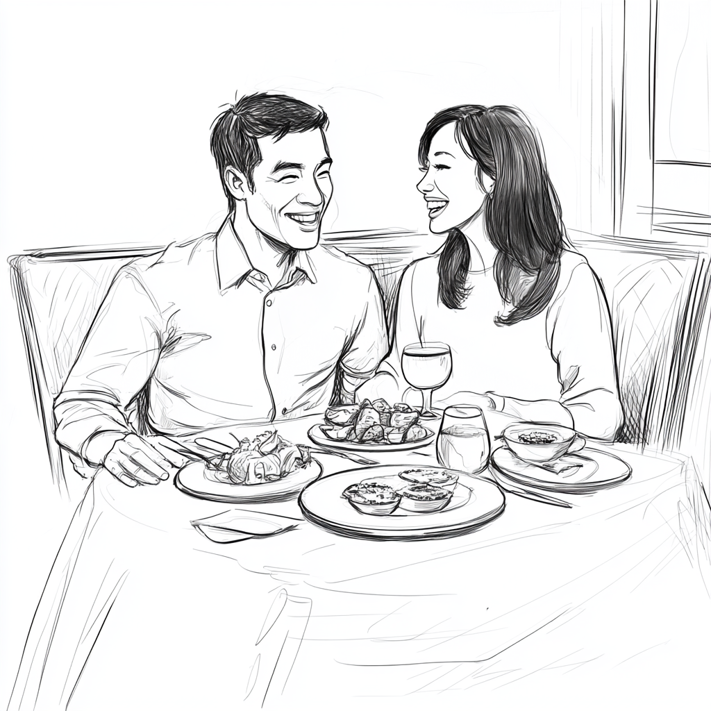 Simple black and white storyboard sketch in restaurant.