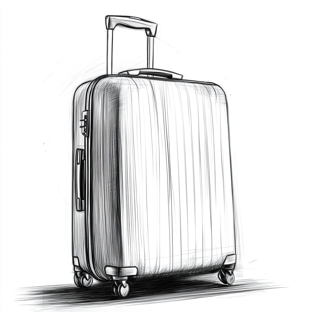 Simple black and white storyboard sketch of suitcase.