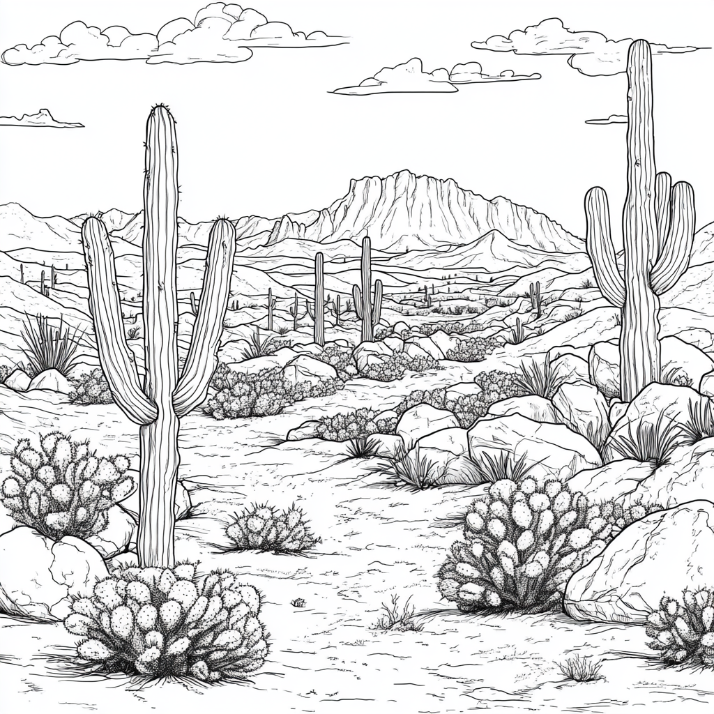 Simple coloring page with cacti and Joshua trees.