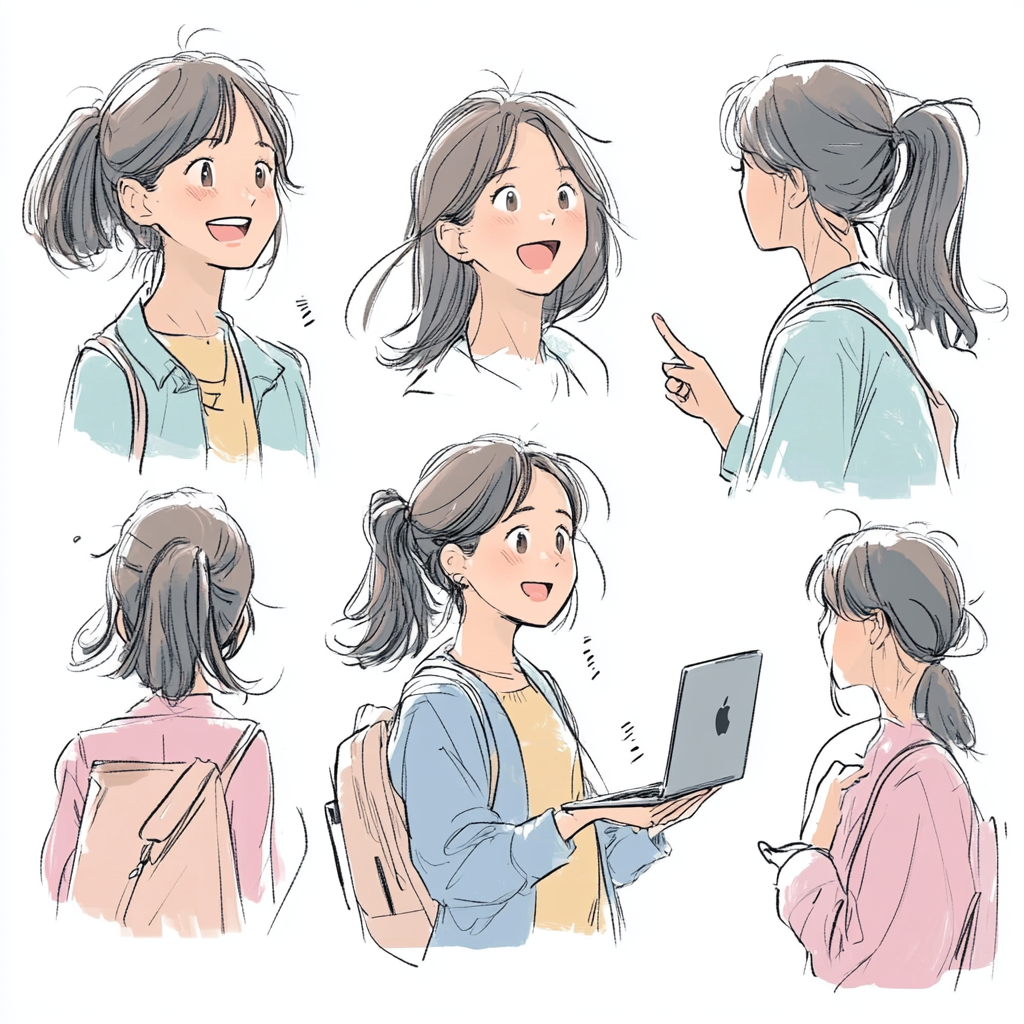 Simple illustration of Japanese woman with Mac computer.