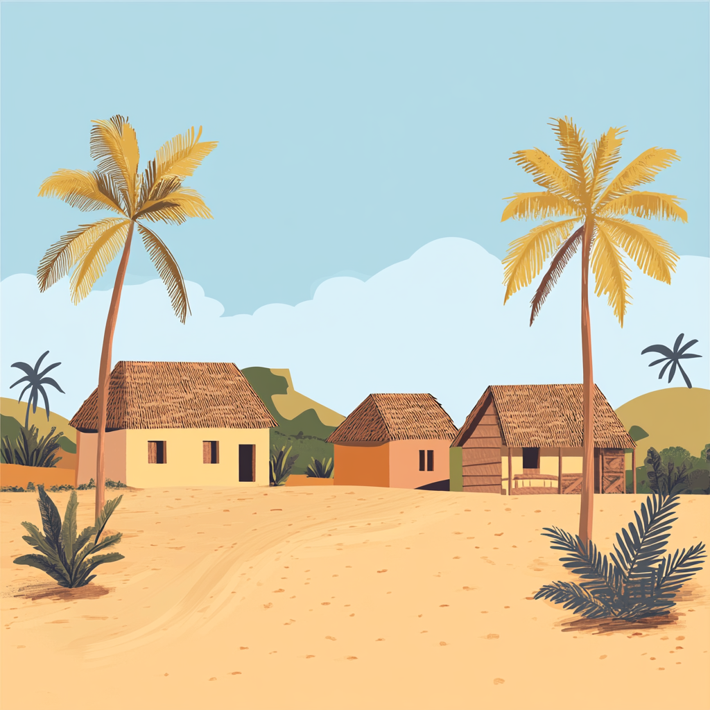 Simple illustration of Madagascar village with thatched roofs.