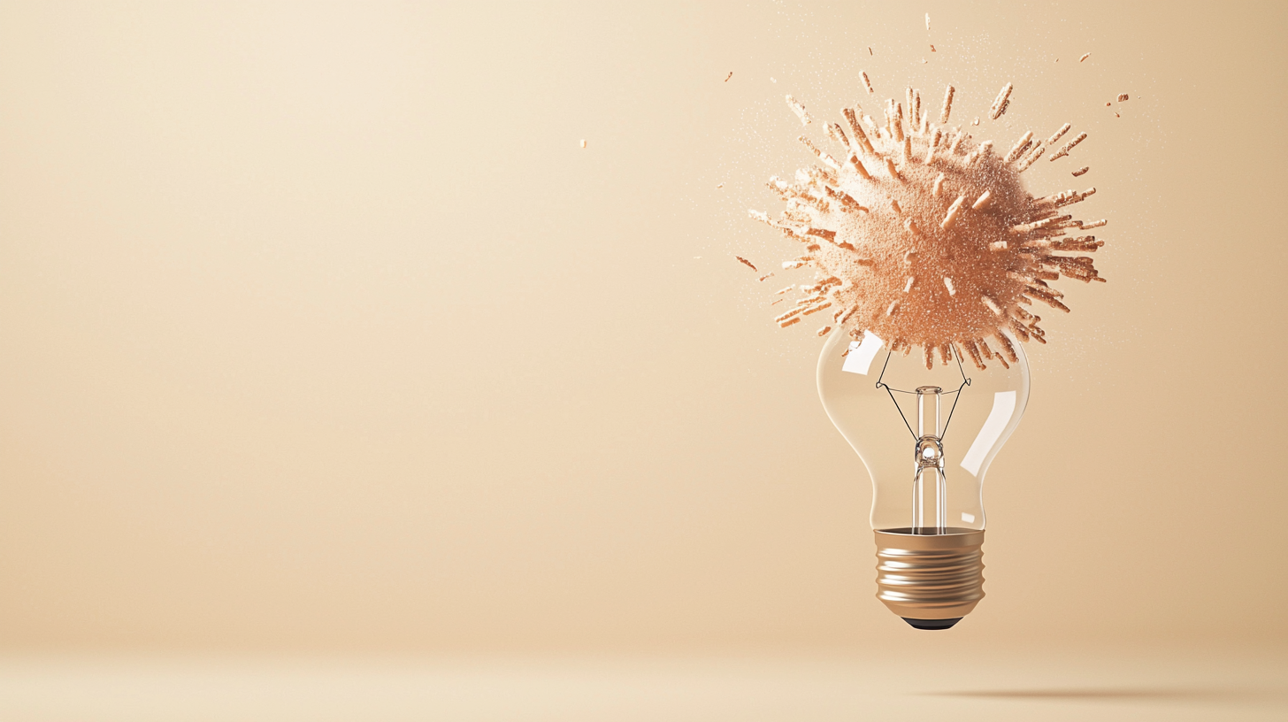 Simple image of lightbulb bursting with light. Background, text space.