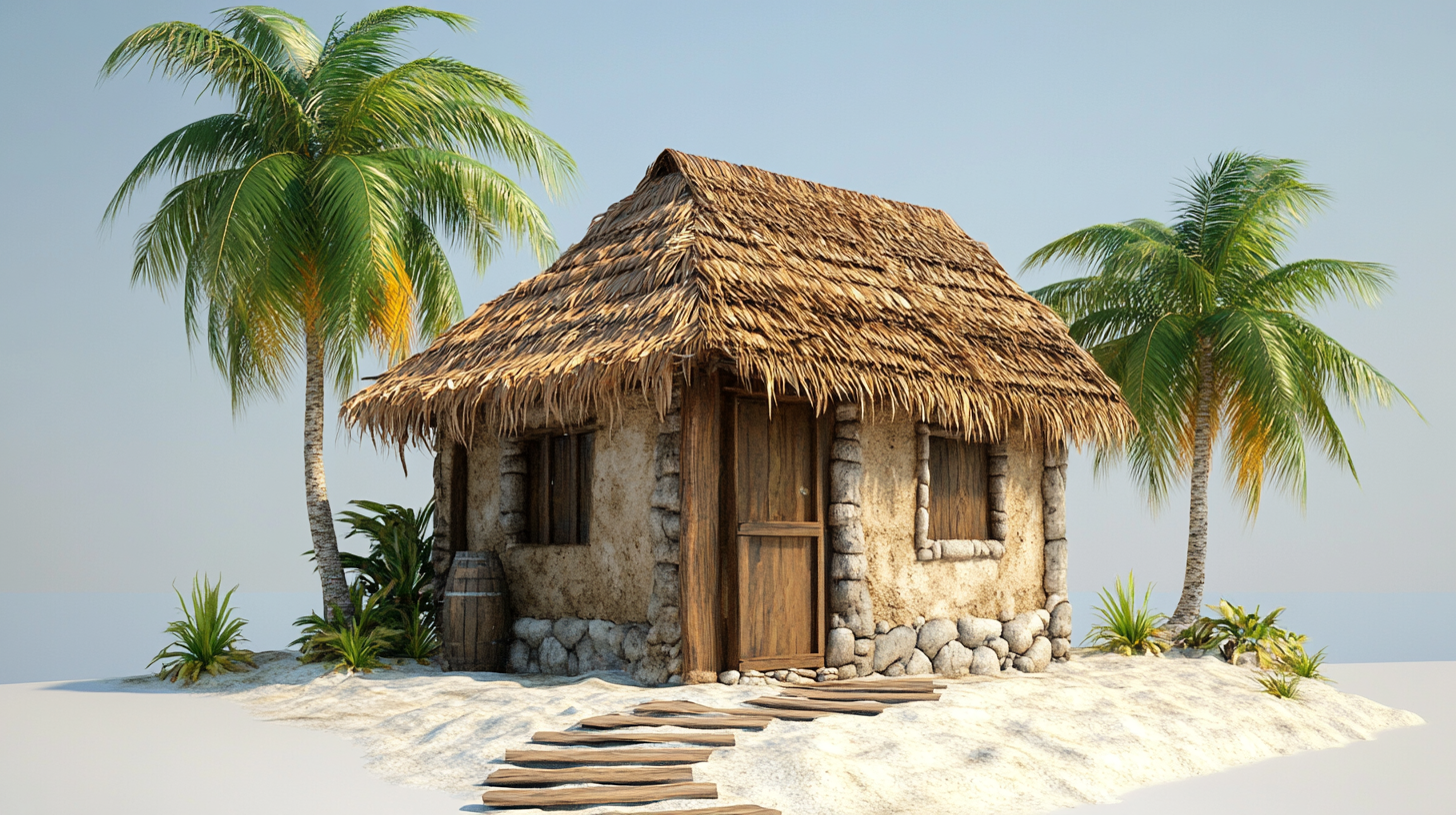 Simple island hut for resort servants, mud and sandstone walls, thatch roof.