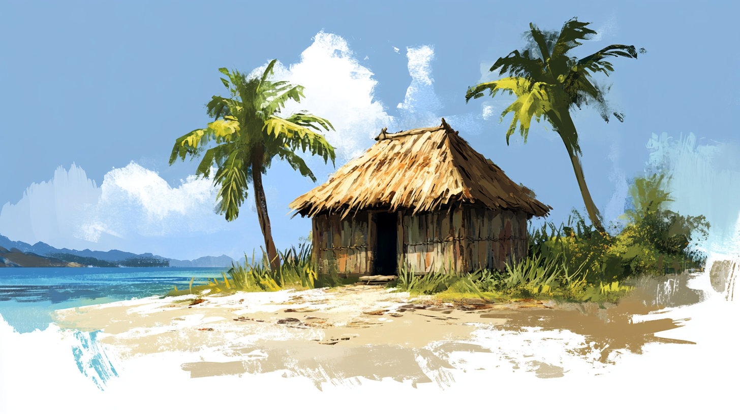 Simple island hut for resort servants with sand walls.