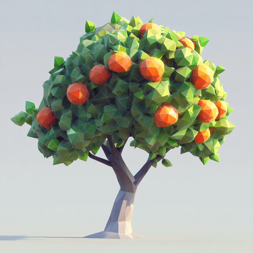 Simple low poly video game tree with fruits.