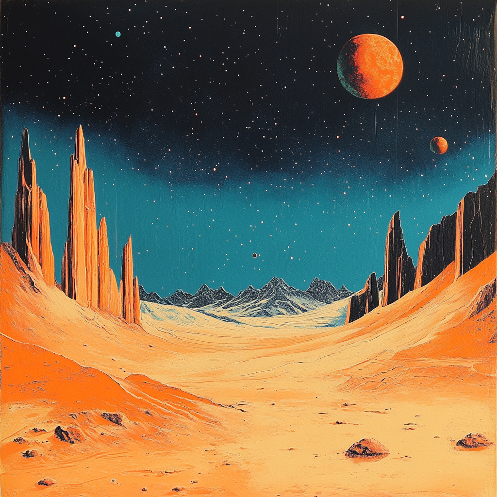 Simple retro illustration in Moebius art style. Orange planet.