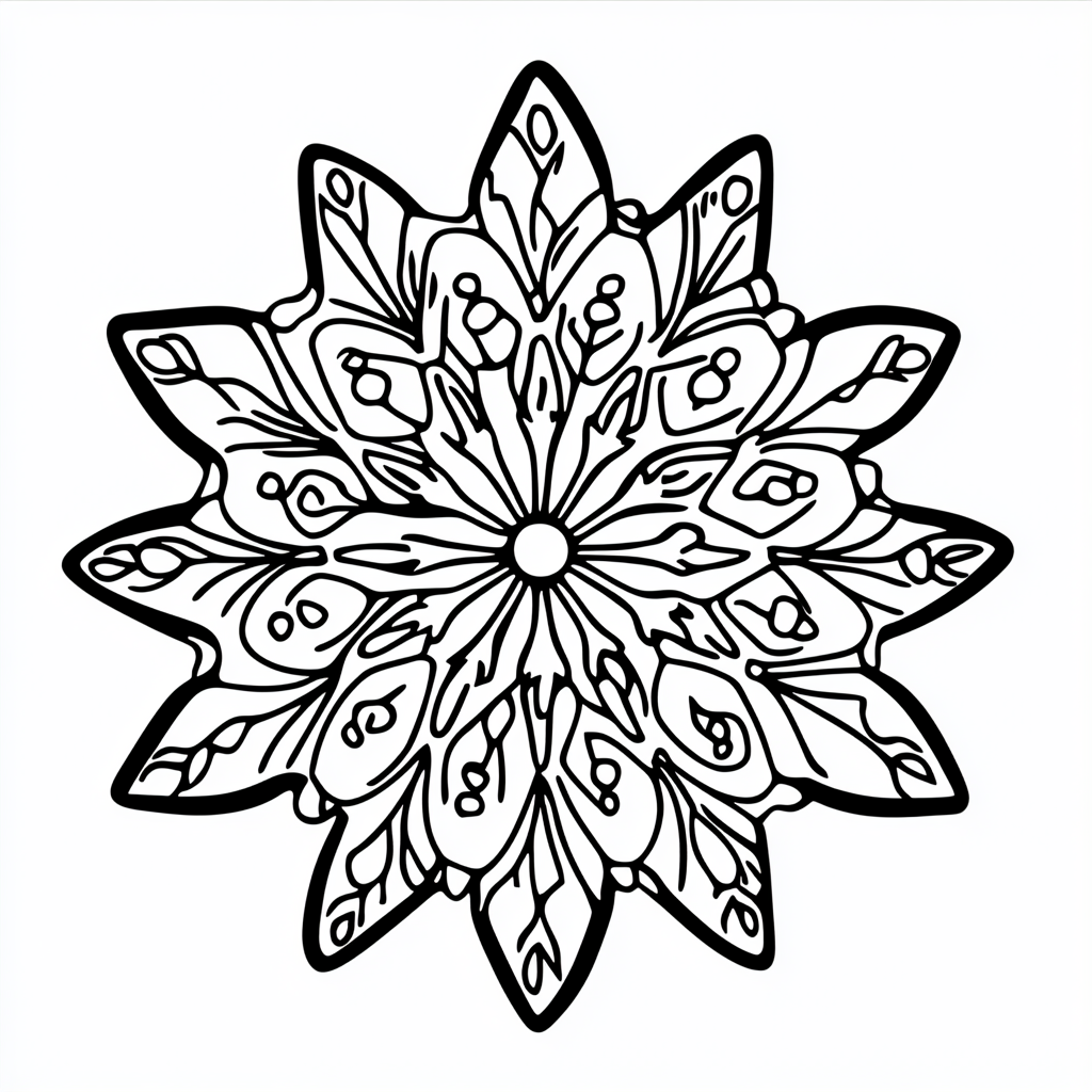 Simple snowflake design for coloring beginners.